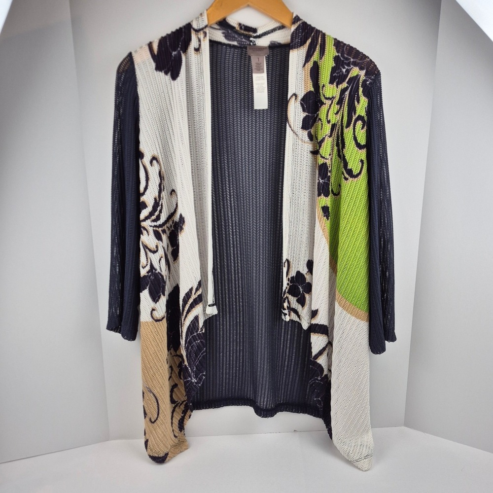 Chicos Easywear Open Front Waterfall Cardigan Women Sz 1 Floral Print Resortwear